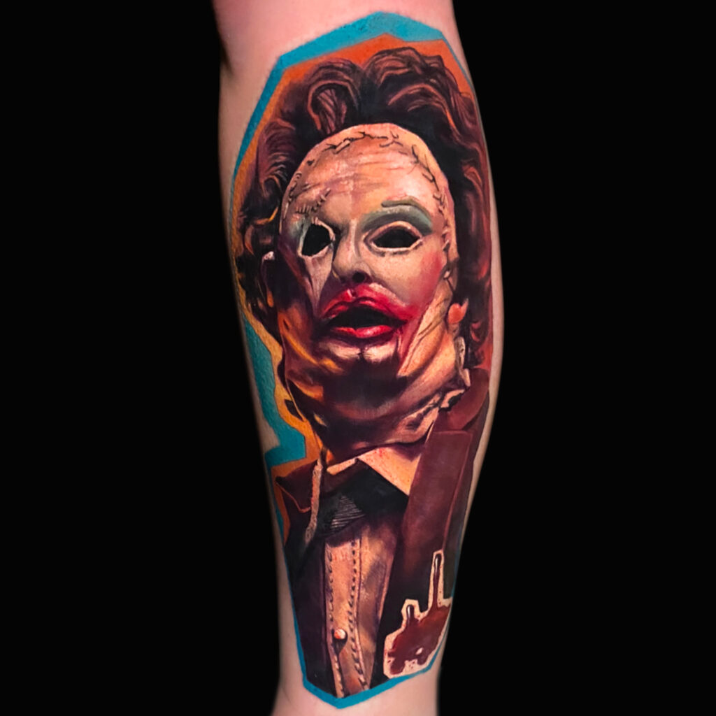 Leatherface tattoo located on the shoulder